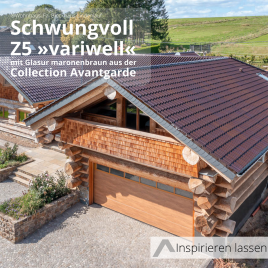 Holzhaus kombiniert mit maronenbraunen Dach