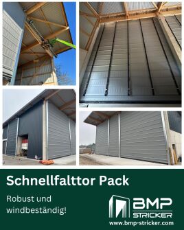 Mehrere BMP Schnellfalttore für eine Fassadenlösung an einem landwirtschaftlichen Standort.