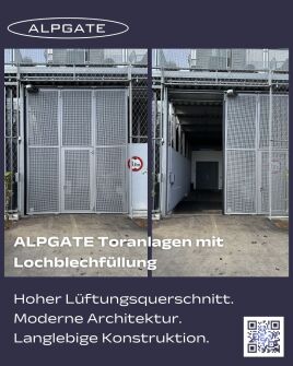 ALPGATE Toranlagen mit Lochblechfüllung: Hoher Lüftungsquerschnitt, moderne Architektur und eine langlebige und robuste Konstruktion.
